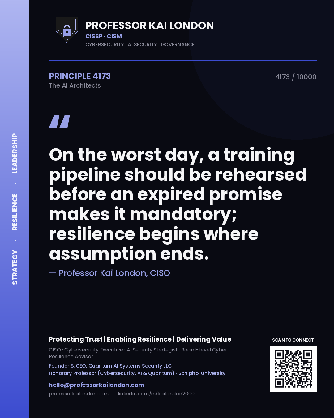 Quote card by Professor Kai London reading 'On the worst day, a training pipeline should be rehearsed before an expired promise makes it mandatory; resilience begins where assumption ends.'. From the book The AI Architects.
