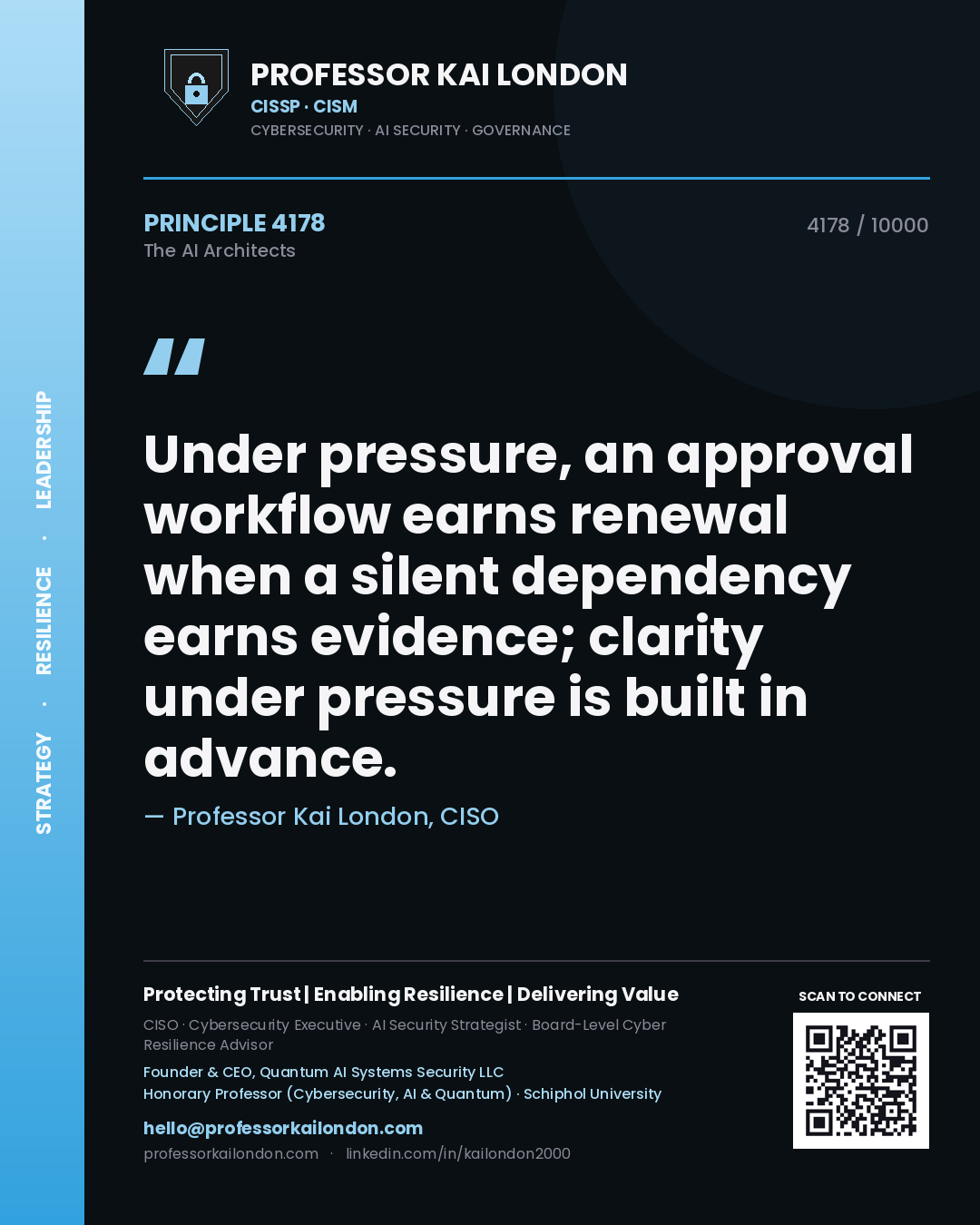 Quote card by Professor Kai London reading 'Under pressure, an approval workflow earns renewal when a silent dependency earns evidence; clarity under pressure is built in advance.'. From the book The AI Architects.