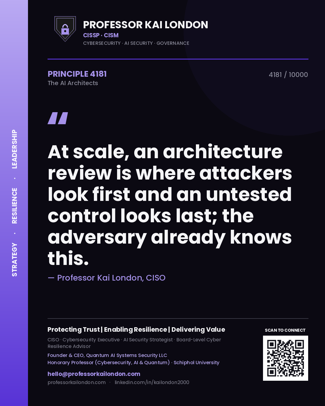 Quote card by Professor Kai London reading 'At scale, an architecture review is where attackers look first and an untested control looks last; the adversary already knows this.'. From the book The AI Architects.