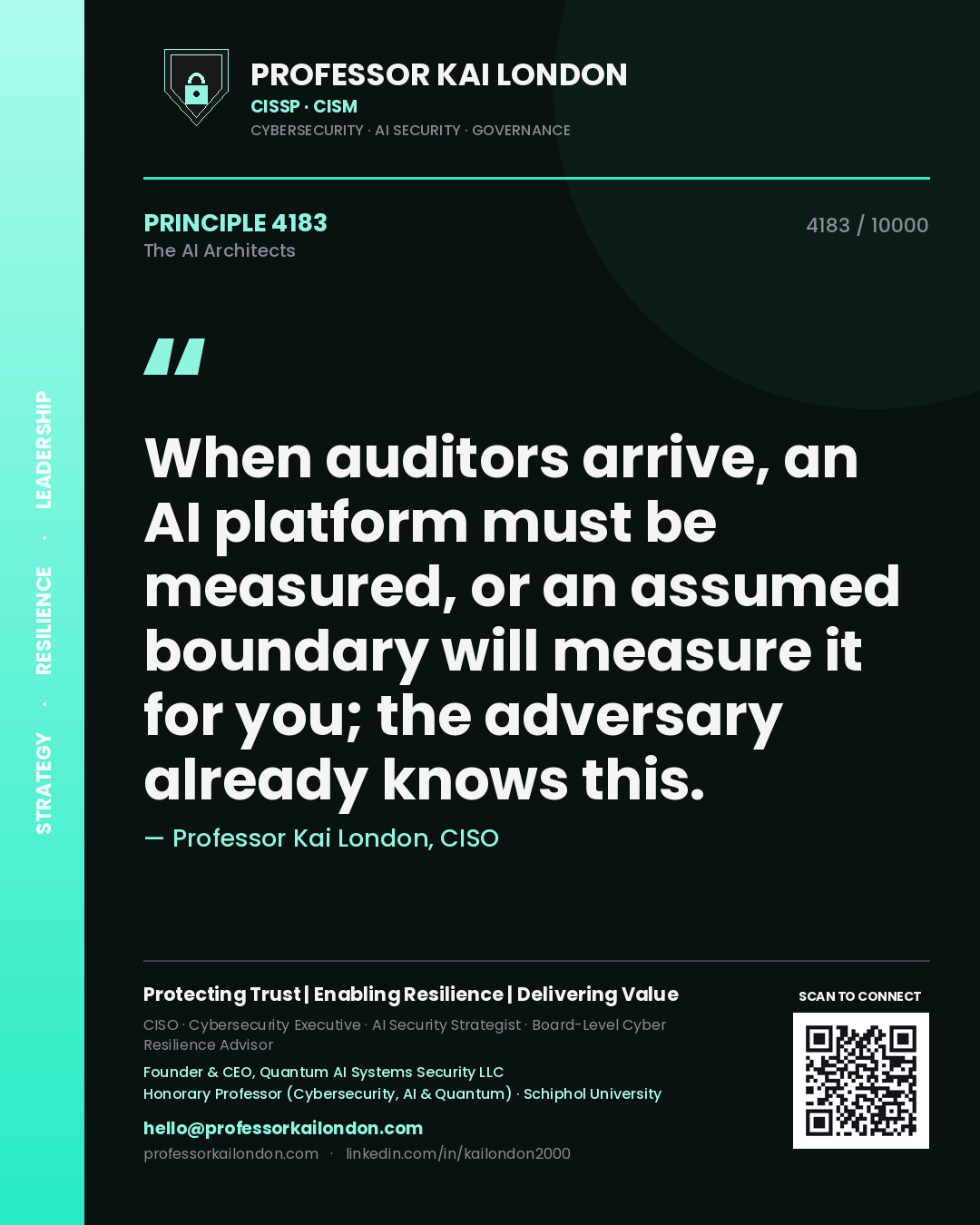 Quote card by Professor Kai London reading 'When auditors arrive, an AI platform must be measured, or an assumed boundary will measure it for you; the adversary already knows this.'. From the book The AI Architects.
