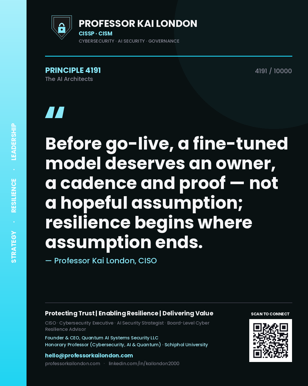 Quote card by Professor Kai London reading 'Before go-live, a fine-tuned model deserves an owner, a cadence and proof — not a hopeful assumption; resilience begins where assumption ends.'. From the book The AI Architects.