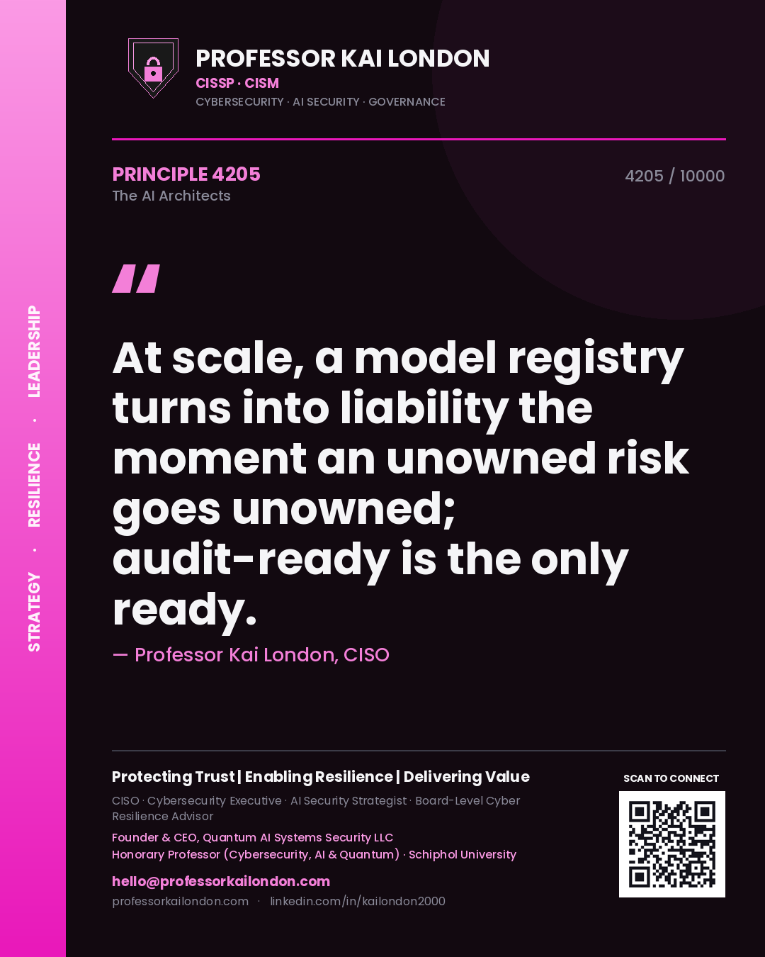 Quote card by Professor Kai London reading 'At scale, a model registry turns into liability the moment an unowned risk goes unowned; audit-ready is the only ready.'. From the book The AI Architects.