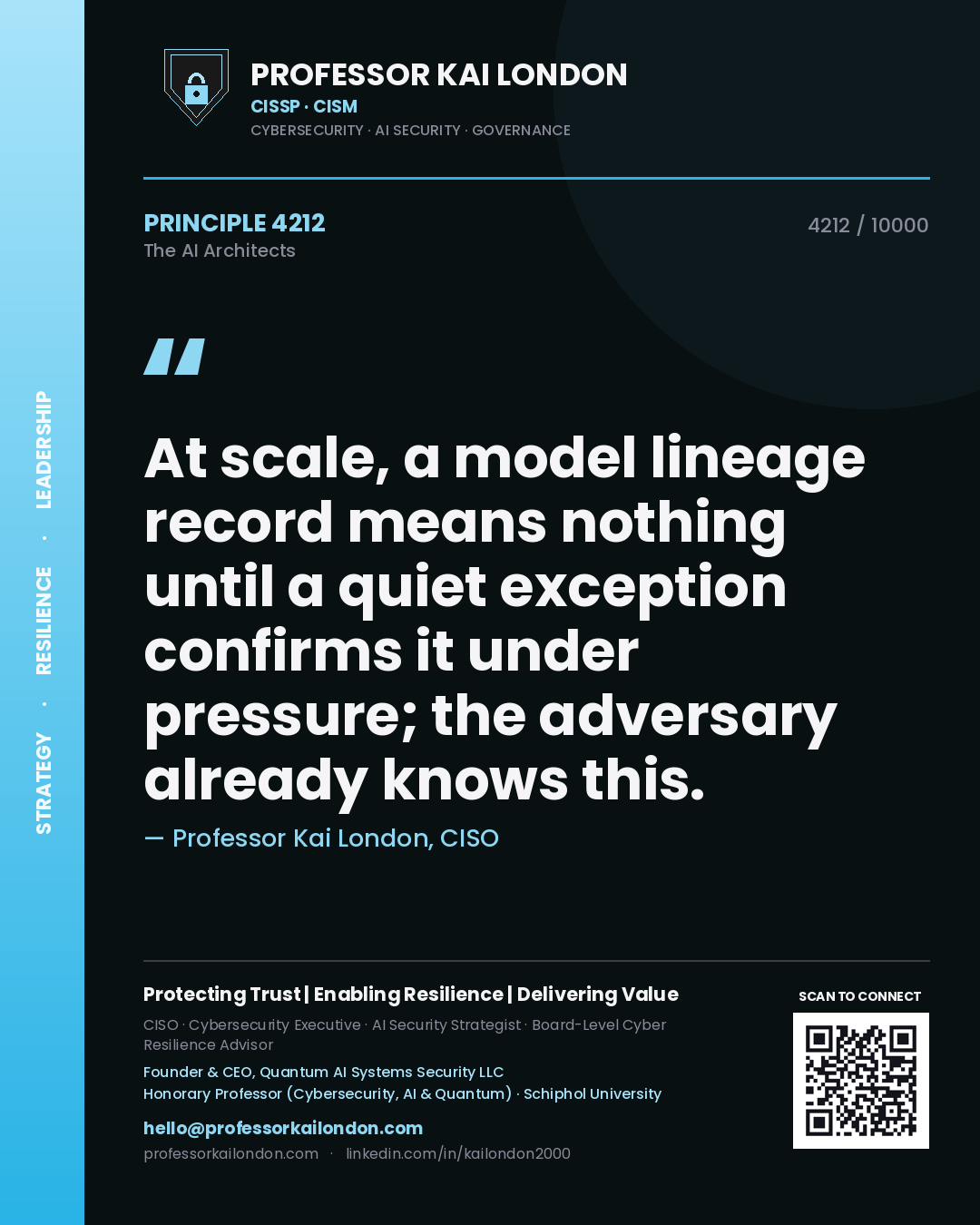Quote card by Professor Kai London reading 'At scale, a model lineage record means nothing until a quiet exception confirms it under pressure; the adversary already knows this.'. From the book The AI Architects.