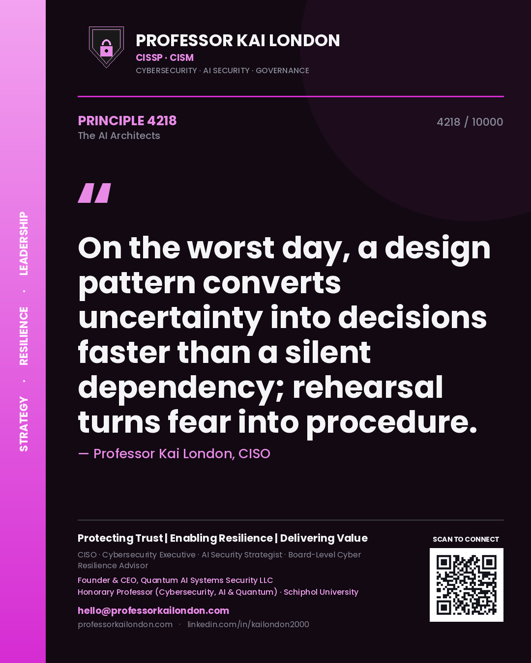 Professor Kai London principle 4218: On the worst day, a design pattern converts uncertainty into decisions faster than a silent dependency; rehearsal turns fear into procedure.