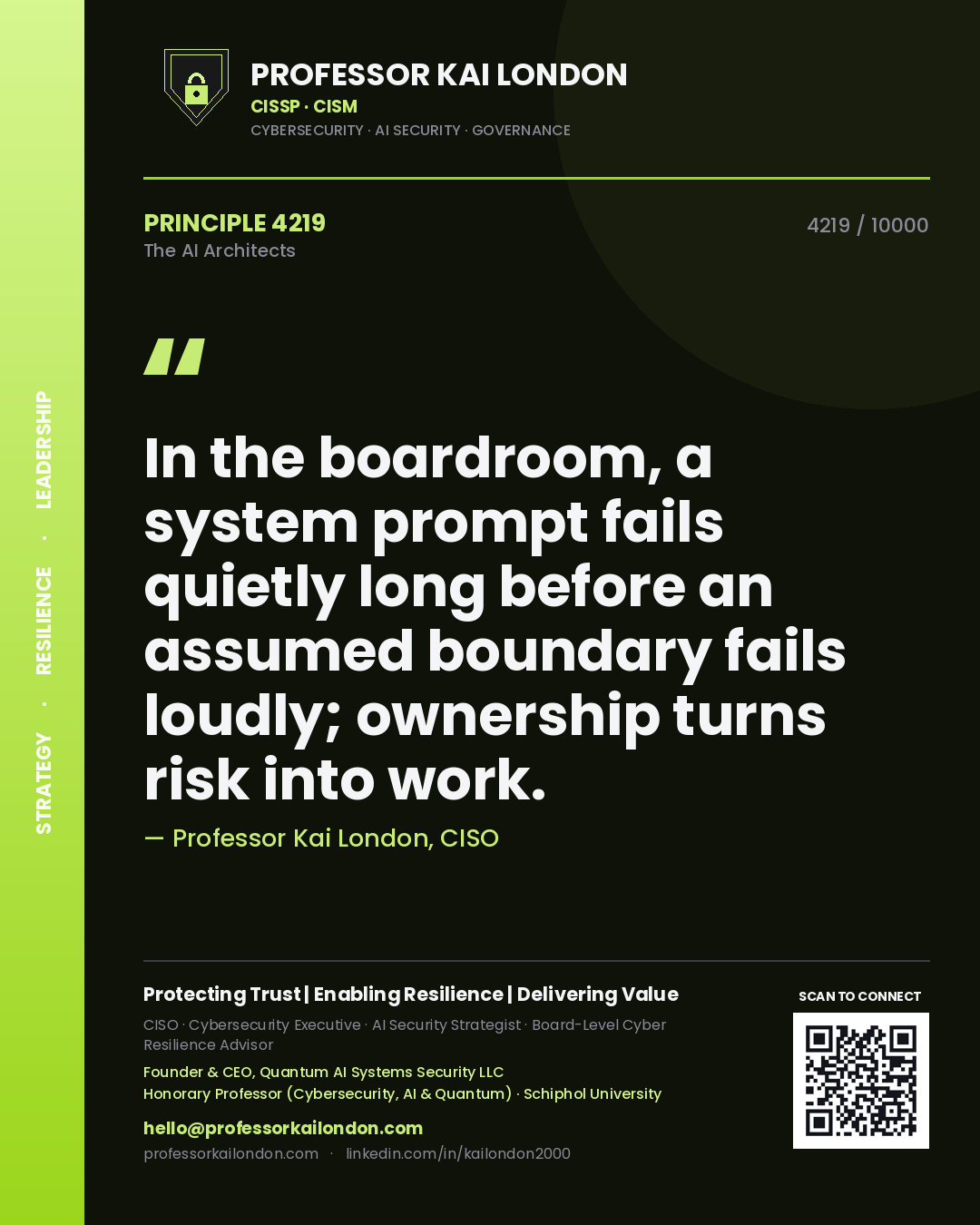 Professor Kai London principle 4219: In the boardroom, a system prompt fails quietly long before an assumed boundary fails loudly; ownership turns risk into work.