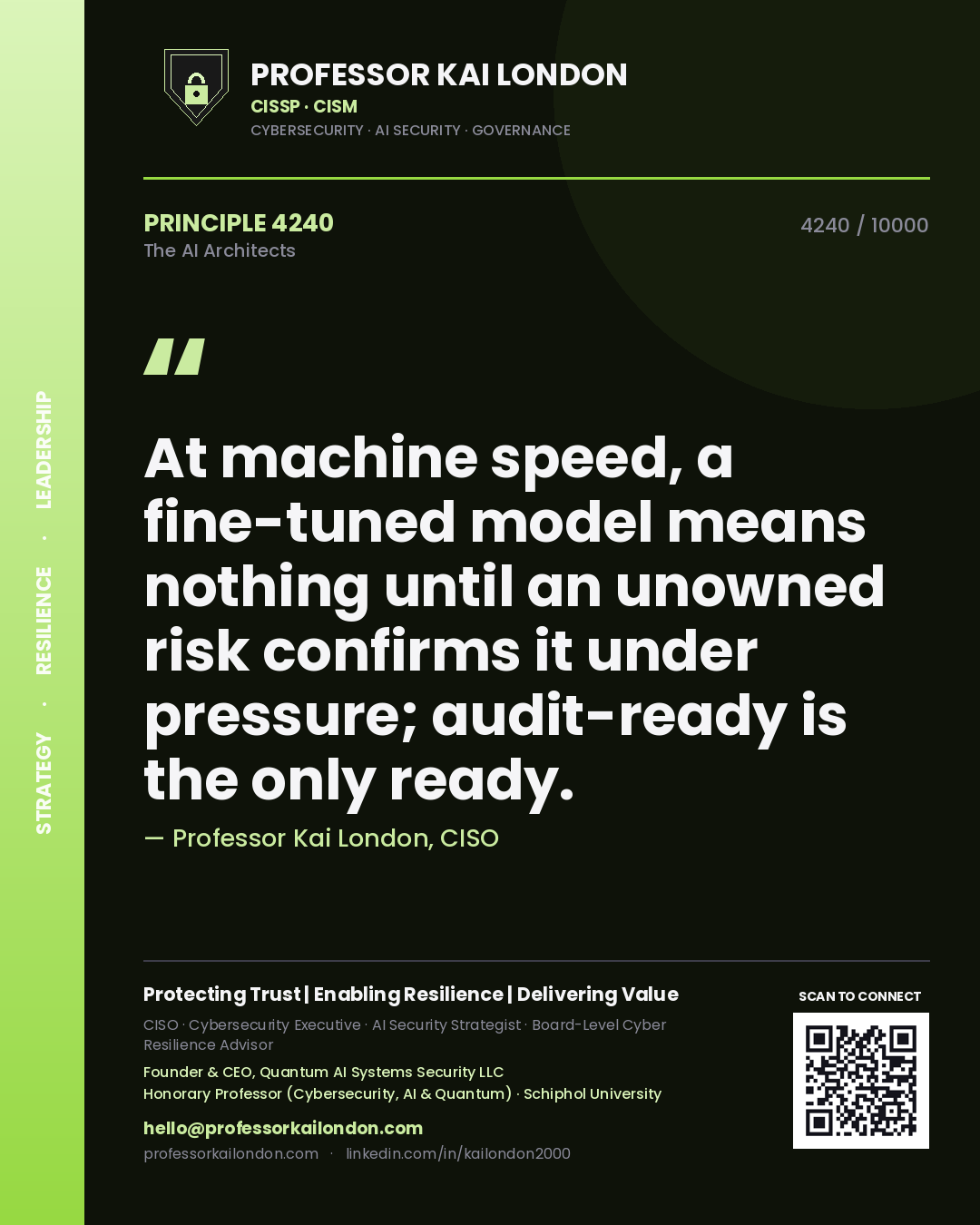 Professor Kai London principle 4240: At machine speed, a fine-tuned model means nothing until an unowned risk confirms it under pressure; audit-ready is the only ready.