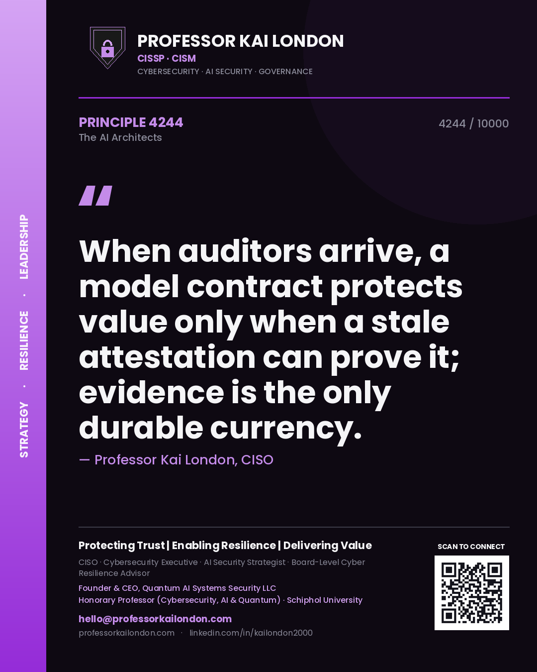 Professor Kai London principle 4244: When auditors arrive, a model contract protects value only when a stale attestation can prove it; evidence is the only durable currency.