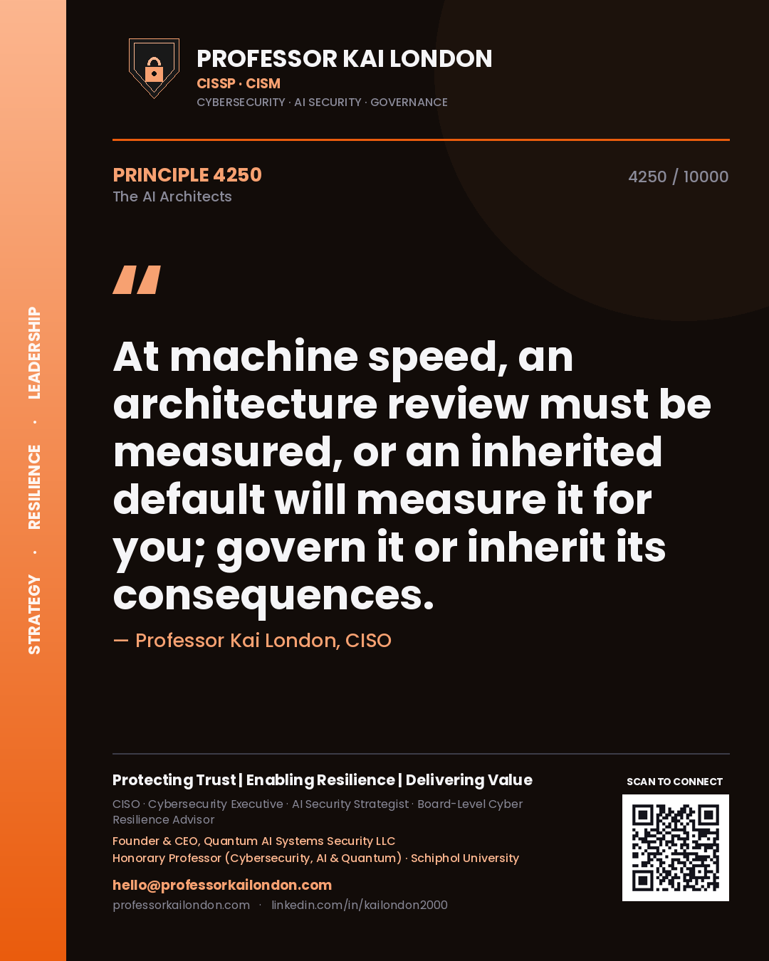 Professor Kai London principle 4250: At machine speed, an architecture review must be measured, or an inherited default will measure it for you; govern it or inherit its consequences.