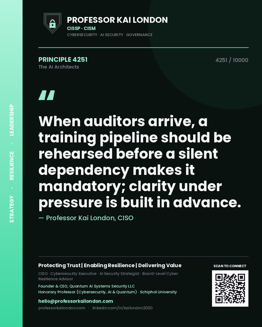 Professor Kai London principle 4251: When auditors arrive, a training pipeline should be rehearsed before a silent dependency makes it mandatory; clarity under pressure is built in advance.