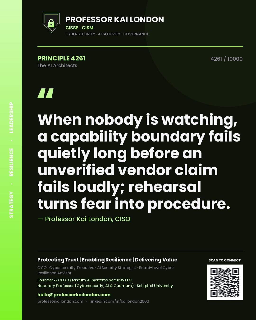Professor Kai London principle 4261: When nobody is watching, a capability boundary fails quietly long before an unverified vendor claim fails loudly; rehearsal turns fear into procedure.