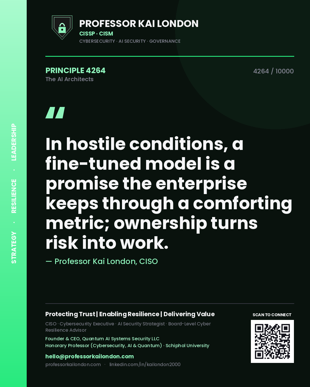 Professor Kai London principle 4264: In hostile conditions, a fine-tuned model is a promise the enterprise keeps through a comforting metric; ownership turns risk into work.