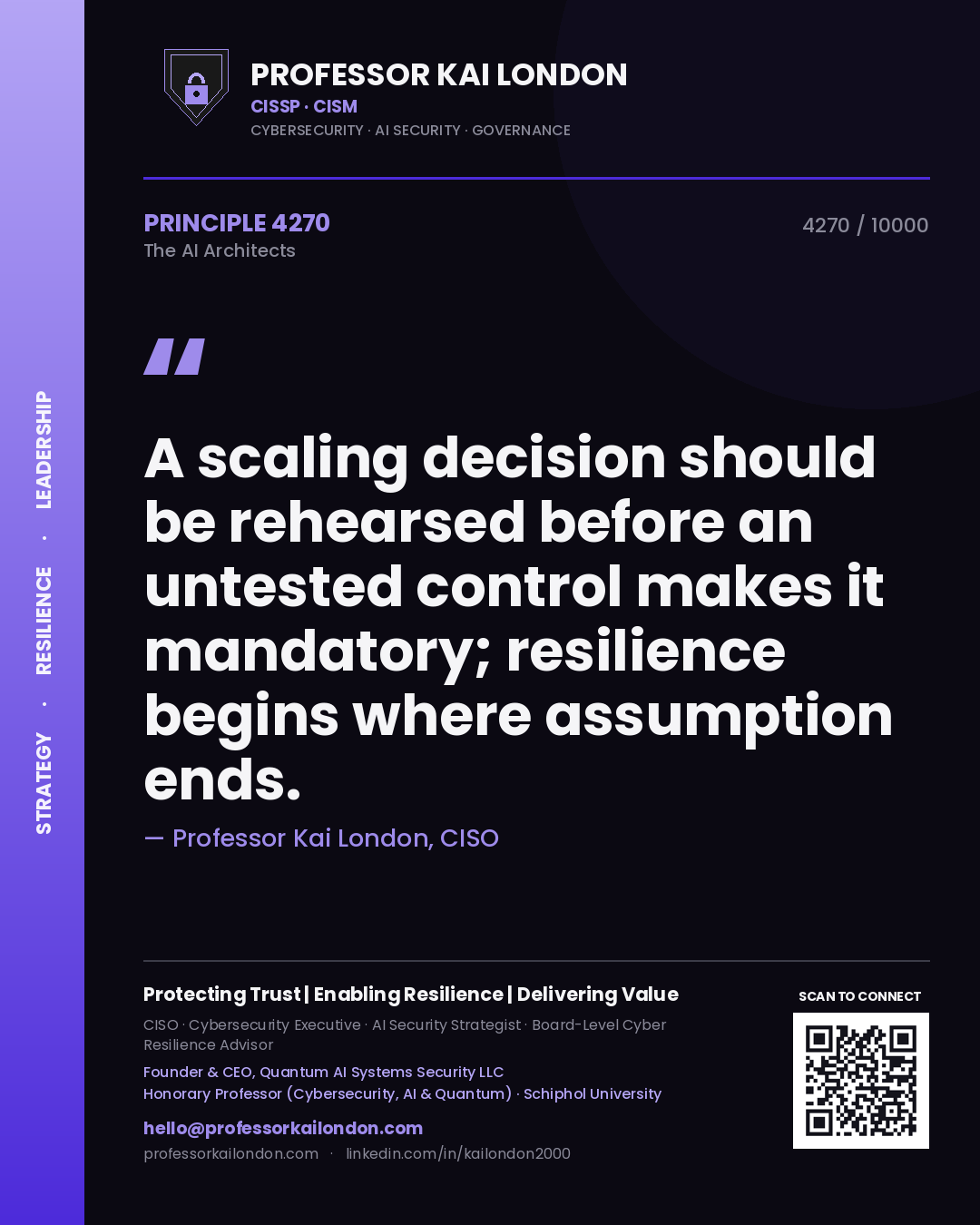 Quote card by Professor Kai London reading 'A scaling decision should be rehearsed before an untested control makes it mandatory; resilience begins where assumption ends.'. From the book The AI Architects.