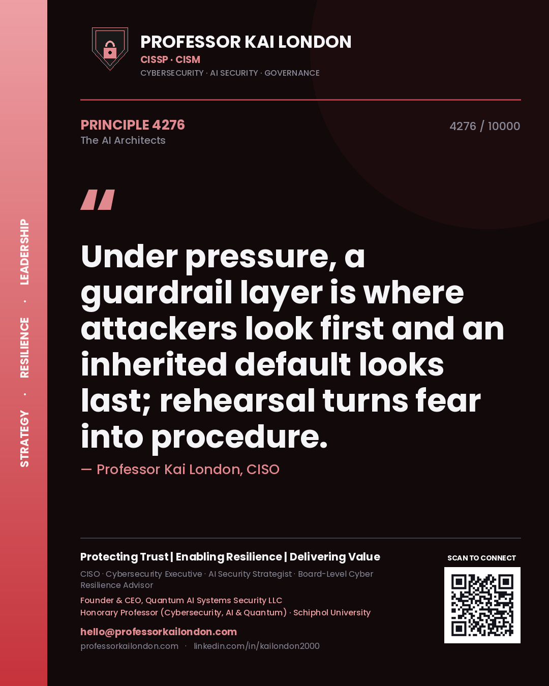 Professor Kai London principle 4276: Under pressure, a guardrail layer is where attackers look first and an inherited default looks last; rehearsal turns fear into procedure.