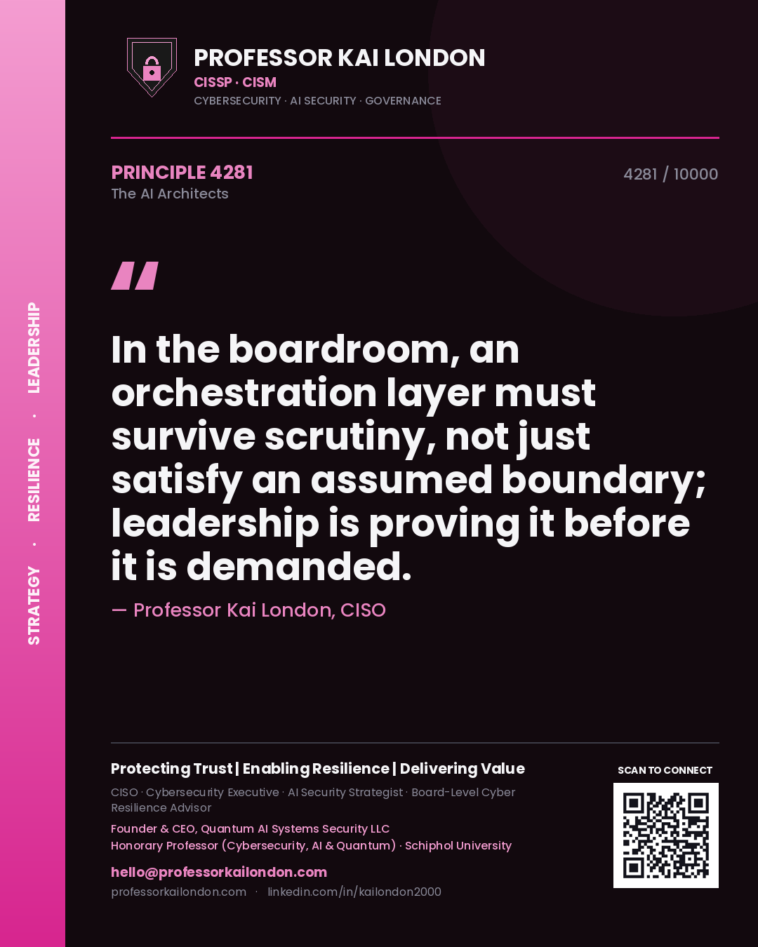 Quote card by Professor Kai London reading 'In the boardroom, an orchestration layer must survive scrutiny, not just satisfy an assumed boundary; leadership is proving it before it is demanded.'. From the book The AI Architects.