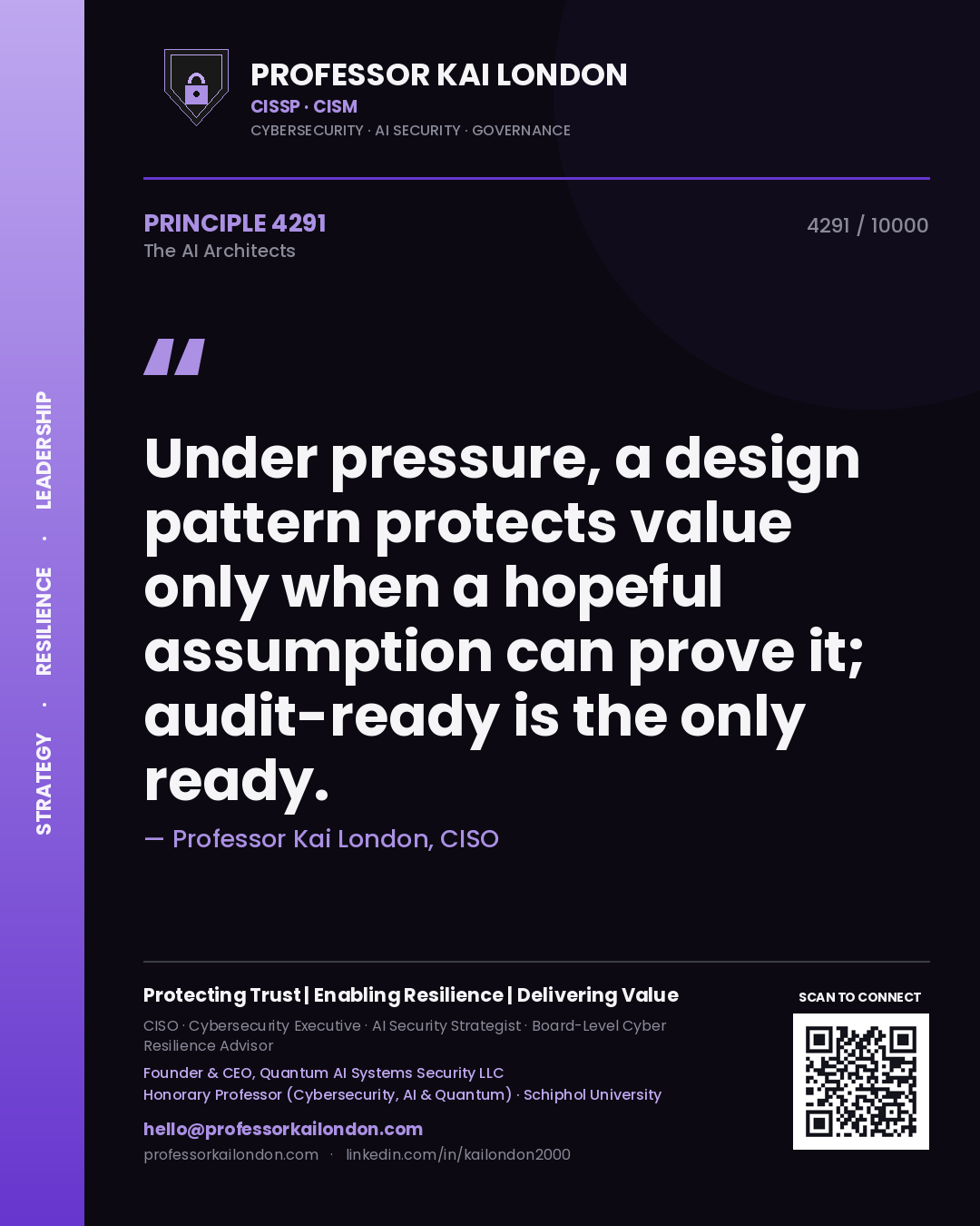 Quote card by Professor Kai London reading 'Under pressure, a design pattern protects value only when a hopeful assumption can prove it; audit-ready is the only ready.'. From the book The AI Architects.