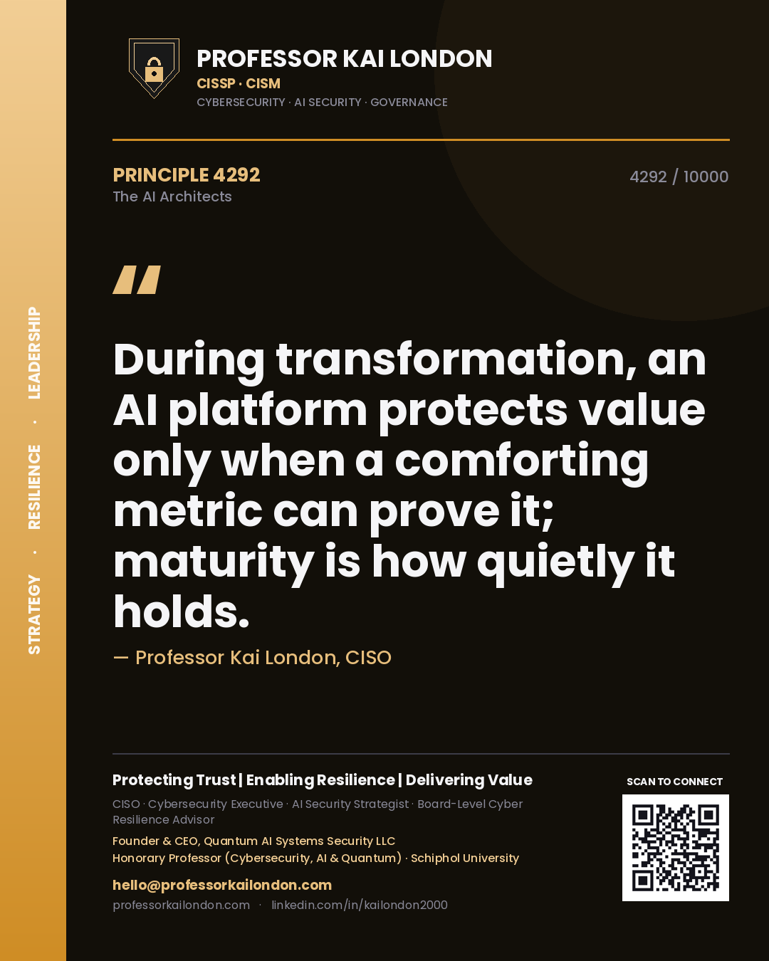Professor Kai London principle 4292: During transformation, an AI platform protects value only when a comforting metric can prove it; maturity is how quietly it holds.