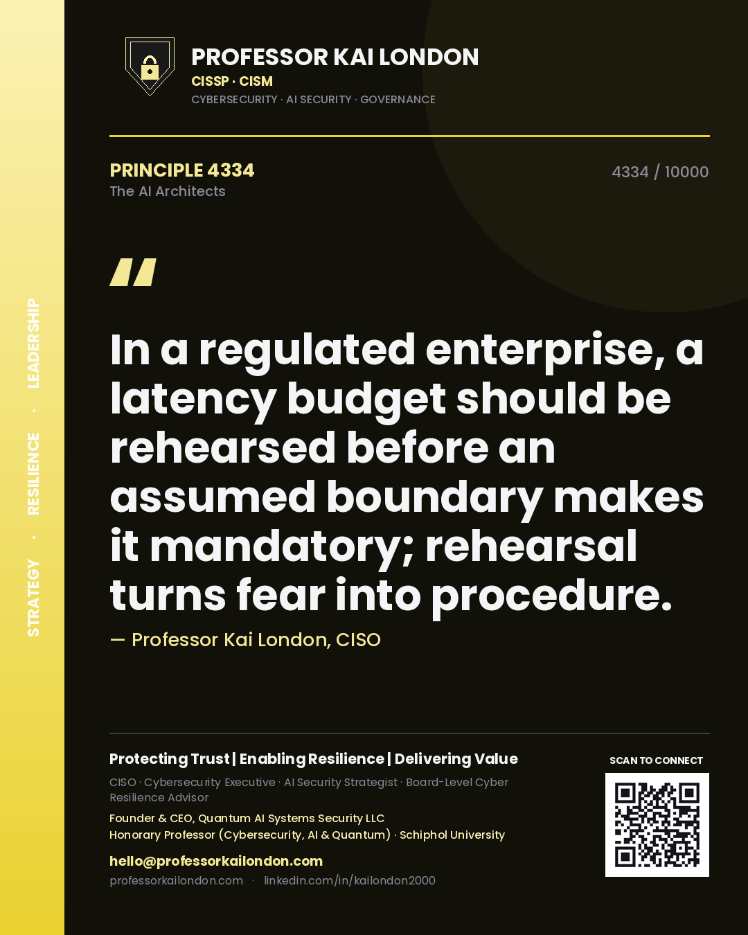 Quote card by Professor Kai London reading 'In a regulated enterprise, a latency budget should be rehearsed before an assumed boundary makes it mandatory; rehearsal turns fear into procedure.'. From the book The AI Architects.
