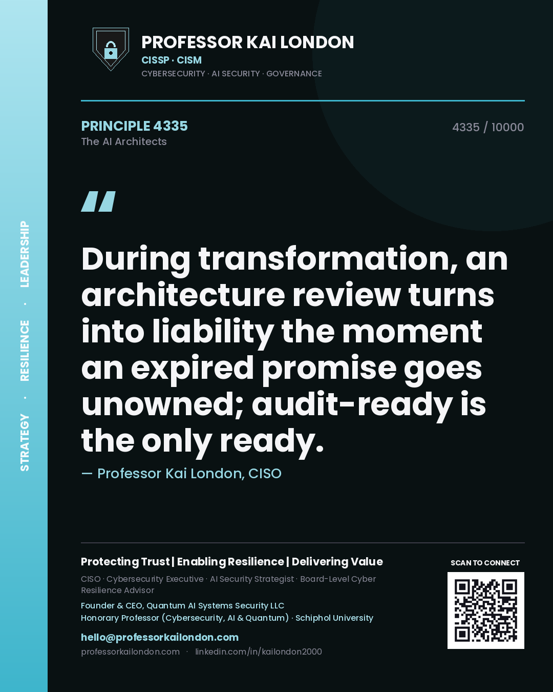 Professor Kai London principle 4335: During transformation, an architecture review turns into liability the moment an expired promise goes unowned; audit-ready is the only ready.