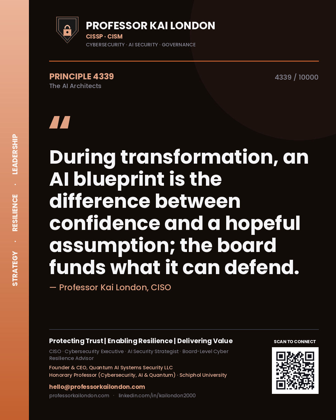 Quote card by Professor Kai London reading 'During transformation, an AI blueprint is the difference between confidence and a hopeful assumption; the board funds what it can defend.'. From the book The AI Architects.