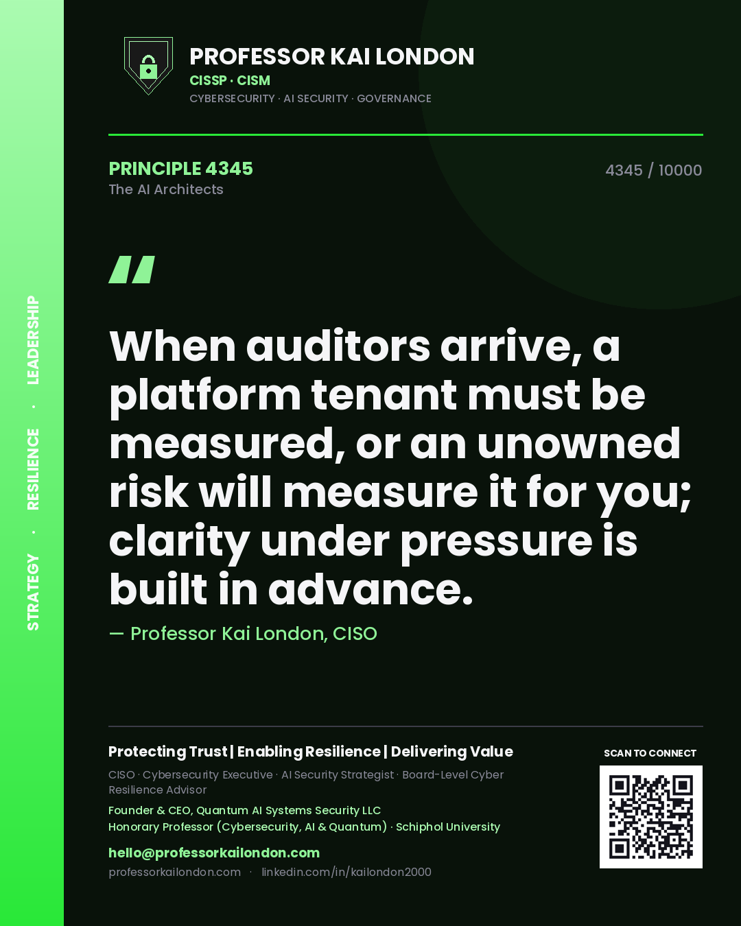 Quote card by Professor Kai London reading 'When auditors arrive, a platform tenant must be measured, or an unowned risk will measure it for you; clarity under pressure is built in advance.'. From the book The AI Architects.