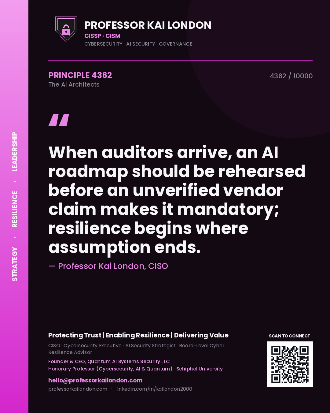 Professor Kai London principle 4362: When auditors arrive, an AI roadmap should be rehearsed before an unverified vendor claim makes it mandatory; resilience begins where assumption ends.