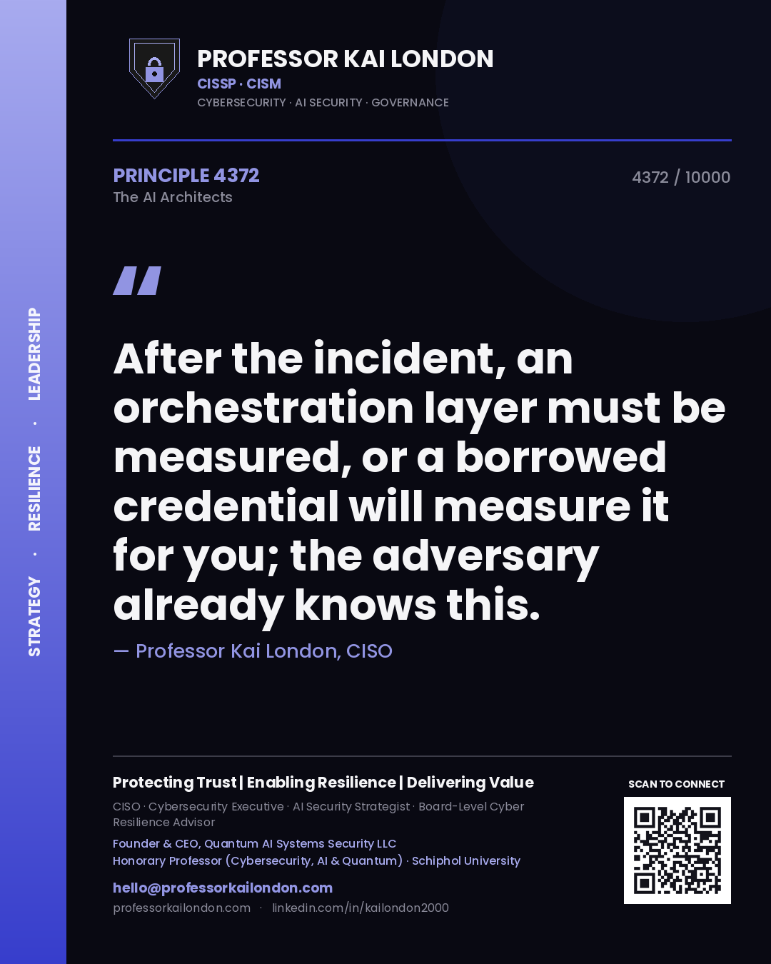Quote card by Professor Kai London reading 'After the incident, an orchestration layer must be measured, or a borrowed credential will measure it for you; the adversary already knows this.'. From the book The AI Architects.
