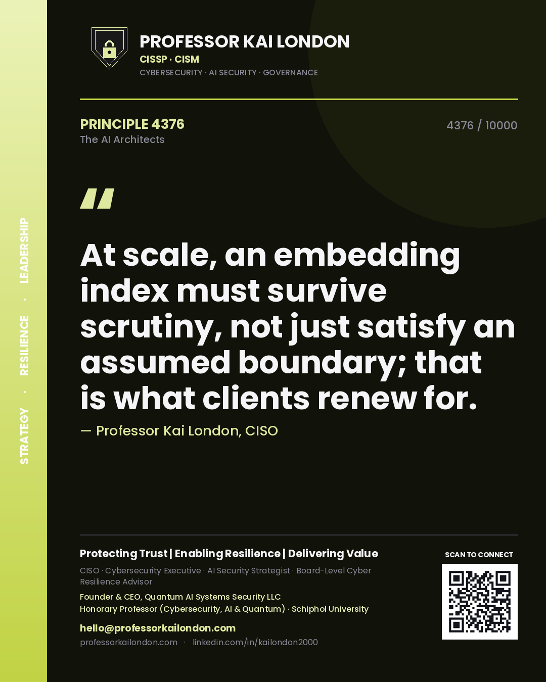 Quote card by Professor Kai London reading 'At scale, an embedding index must survive scrutiny, not just satisfy an assumed boundary; that is what clients renew for.'. From the book The AI Architects.