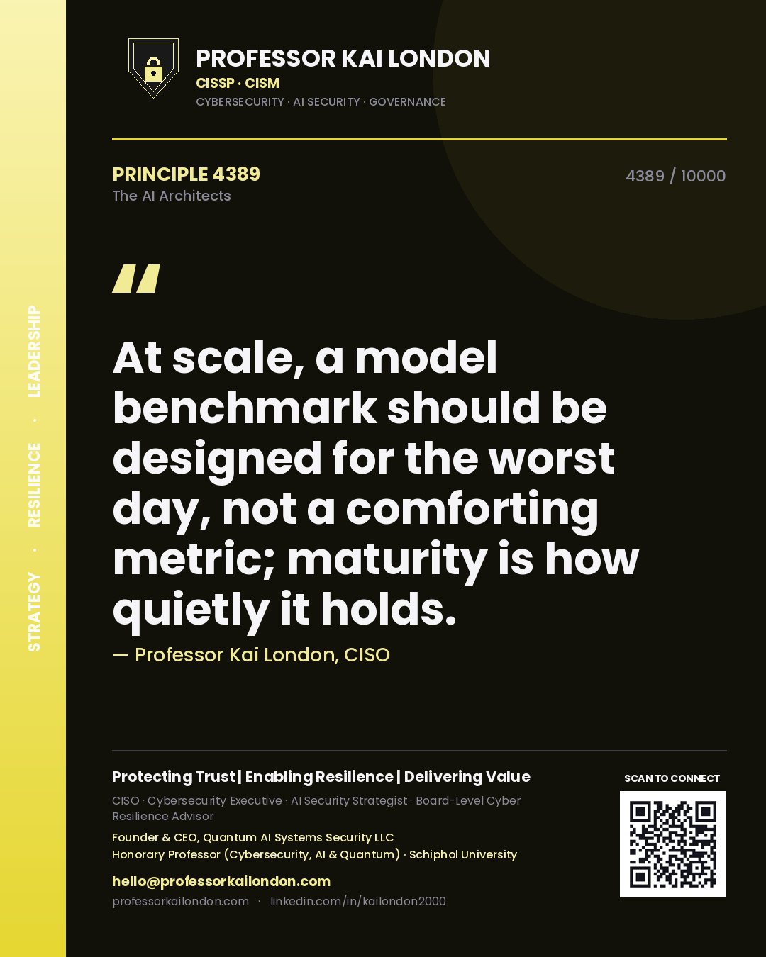 Quote card by Professor Kai London reading 'At scale, a model benchmark should be designed for the worst day, not a comforting metric; maturity is how quietly it holds.'. From the book The AI Architects.