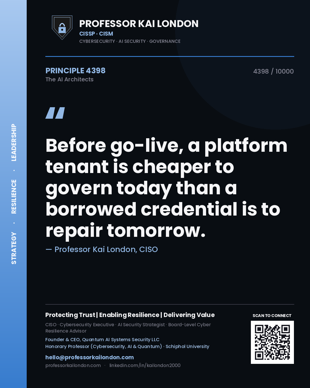 Professor Kai London principle 4398: Before go-live, a platform tenant is cheaper to govern today than a borrowed credential is to repair tomorrow.