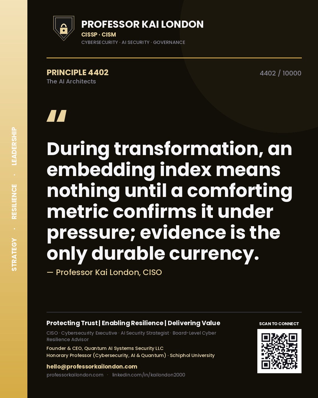 Professor Kai London principle 4402: During transformation, an embedding index means nothing until a comforting metric confirms it under pressure; evidence is the only durable currency.