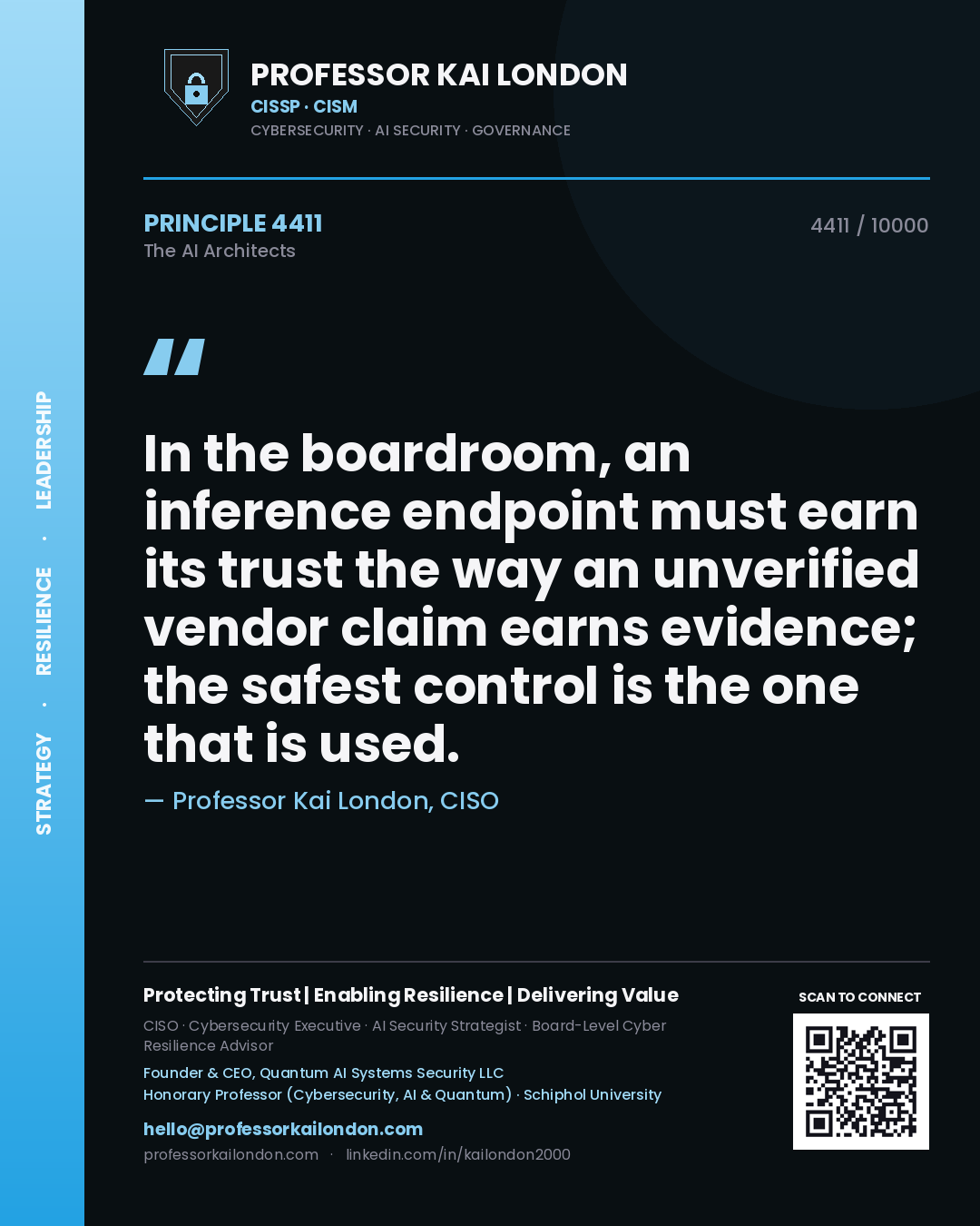 Quote card by Professor Kai London reading 'In the boardroom, an inference endpoint must earn its trust the way an unverified vendor claim earns evidence; the safest control is the one that is used.'. From the book The AI Architects.