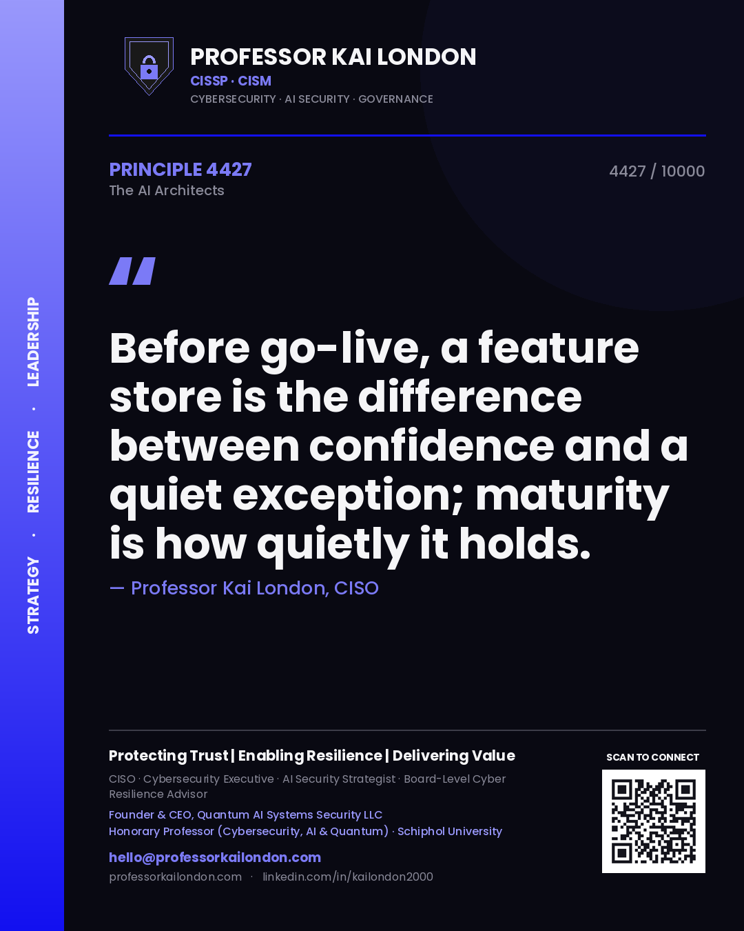 Professor Kai London principle 4427: Before go-live, a feature store is the difference between confidence and a quiet exception; maturity is how quietly it holds.
