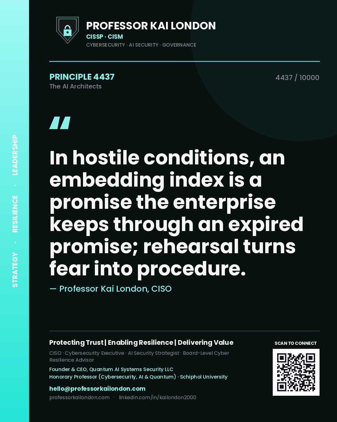 Quote card by Professor Kai London reading 'In hostile conditions, an embedding index is a promise the enterprise keeps through an expired promise; rehearsal turns fear into procedure.'. From the book The AI Architects.