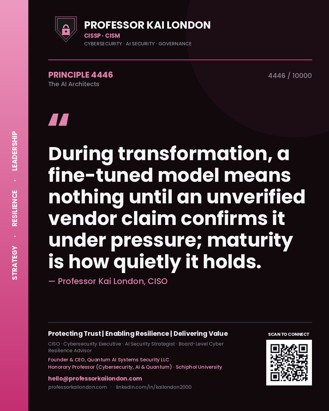 Quote card by Professor Kai London reading 'During transformation, a fine-tuned model means nothing until an unverified vendor claim confirms it under pressure; maturity is how quietly it holds.'. From the book The AI Architects.