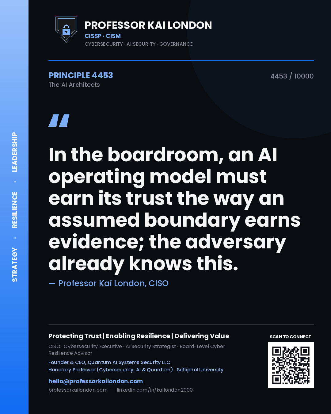 Quote card by Professor Kai London reading 'In the boardroom, an AI operating model must earn its trust the way an assumed boundary earns evidence; the adversary already knows this.'. From the book The AI Architects.