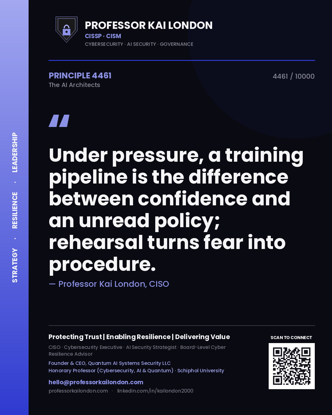 Professor Kai London principle 4461: Under pressure, a training pipeline is the difference between confidence and an unread policy; rehearsal turns fear into procedure.