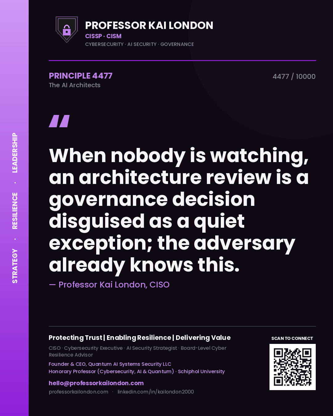 Quote card by Professor Kai London reading 'When nobody is watching, an architecture review is a governance decision disguised as a quiet exception; the adversary already knows this.'. From the book The AI Architects.