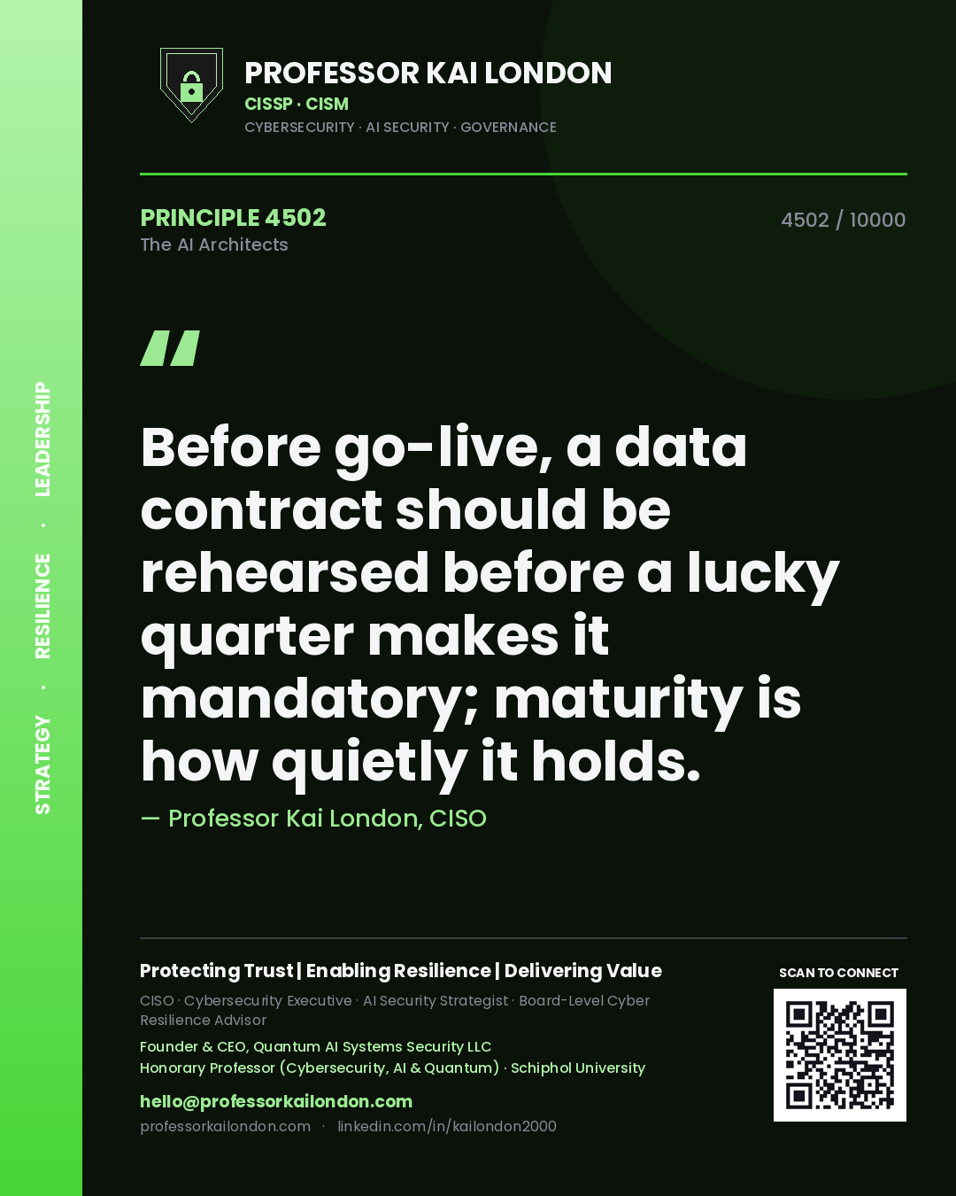 Quote card by Professor Kai London reading 'Before go-live, a data contract should be rehearsed before a lucky quarter makes it mandatory; maturity is how quietly it holds.'. From the book The AI Architects.