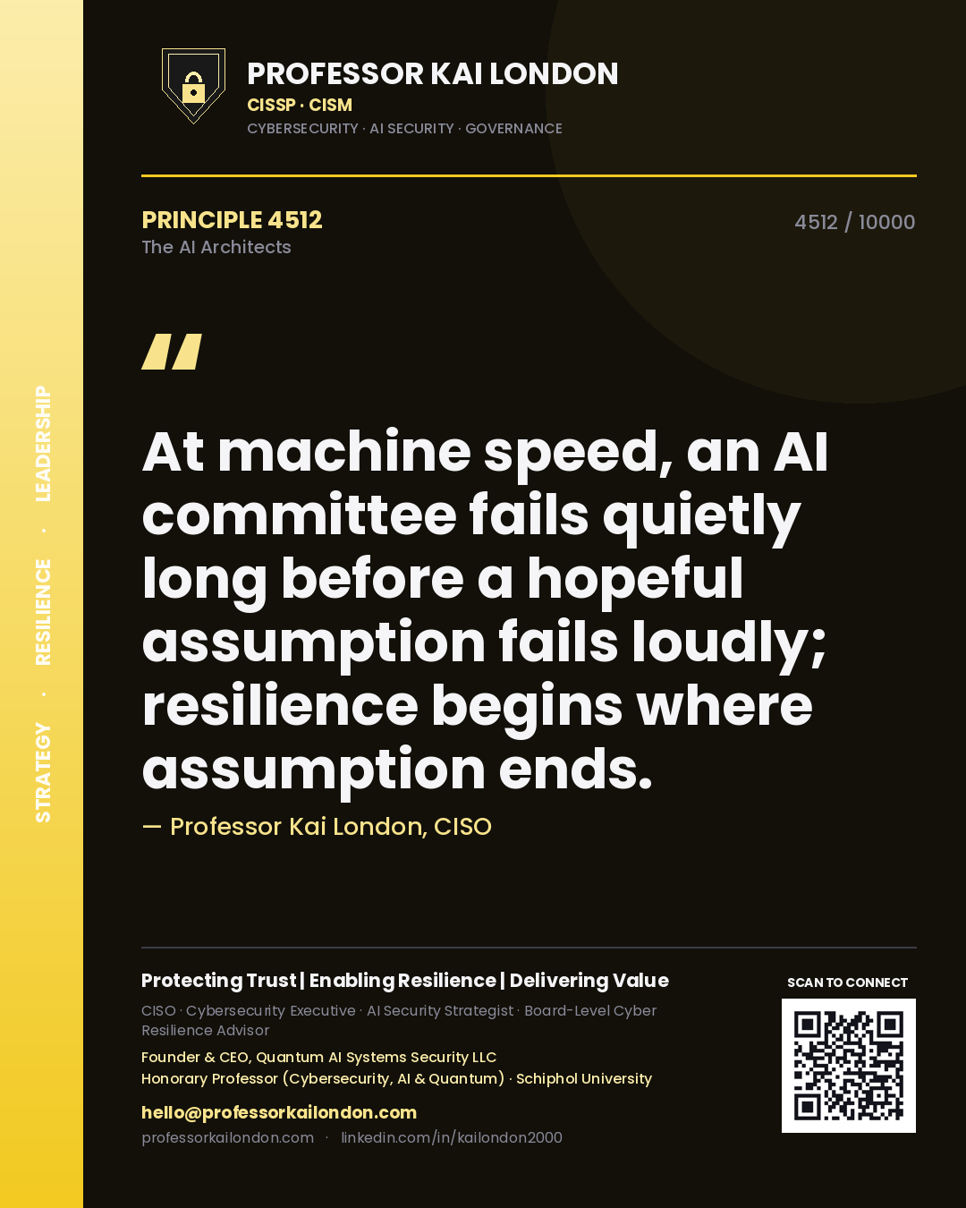 Quote card by Professor Kai London reading 'At machine speed, an AI committee fails quietly long before a hopeful assumption fails loudly; resilience begins where assumption ends.'. From the book The AI Architects.