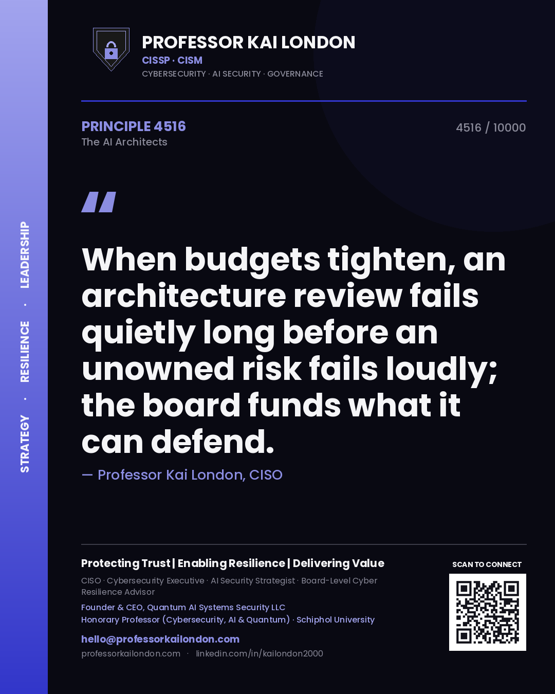 Professor Kai London principle 4516: When budgets tighten, an architecture review fails quietly long before an unowned risk fails loudly; the board funds what it can defend.
