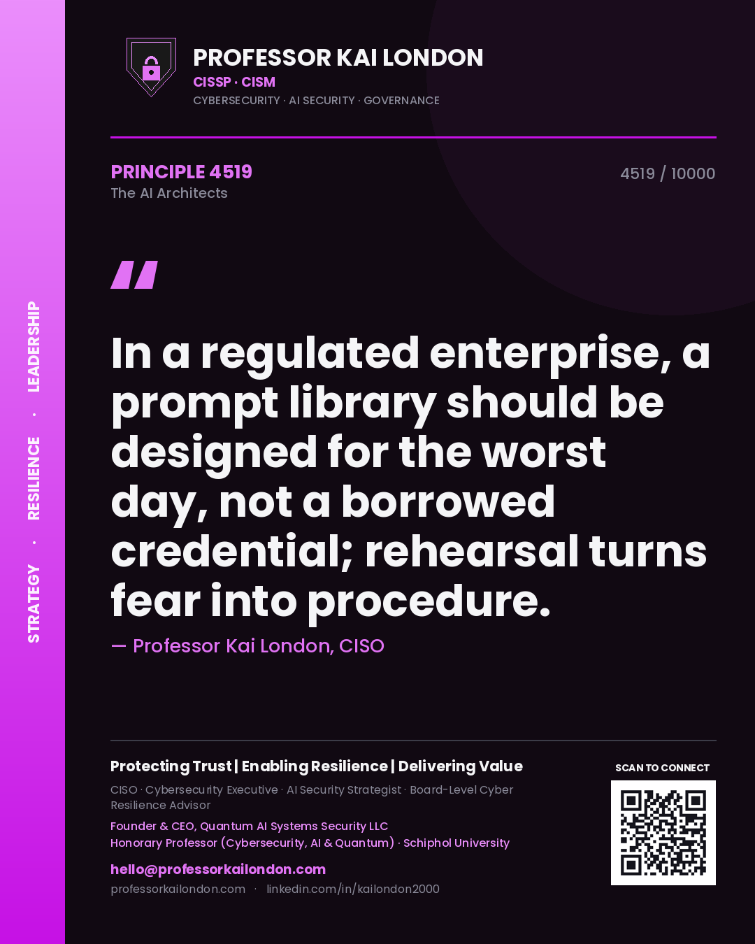 Quote card by Professor Kai London reading 'In a regulated enterprise, a prompt library should be designed for the worst day, not a borrowed credential; rehearsal turns fear into procedure.'. From the book The AI Architects.