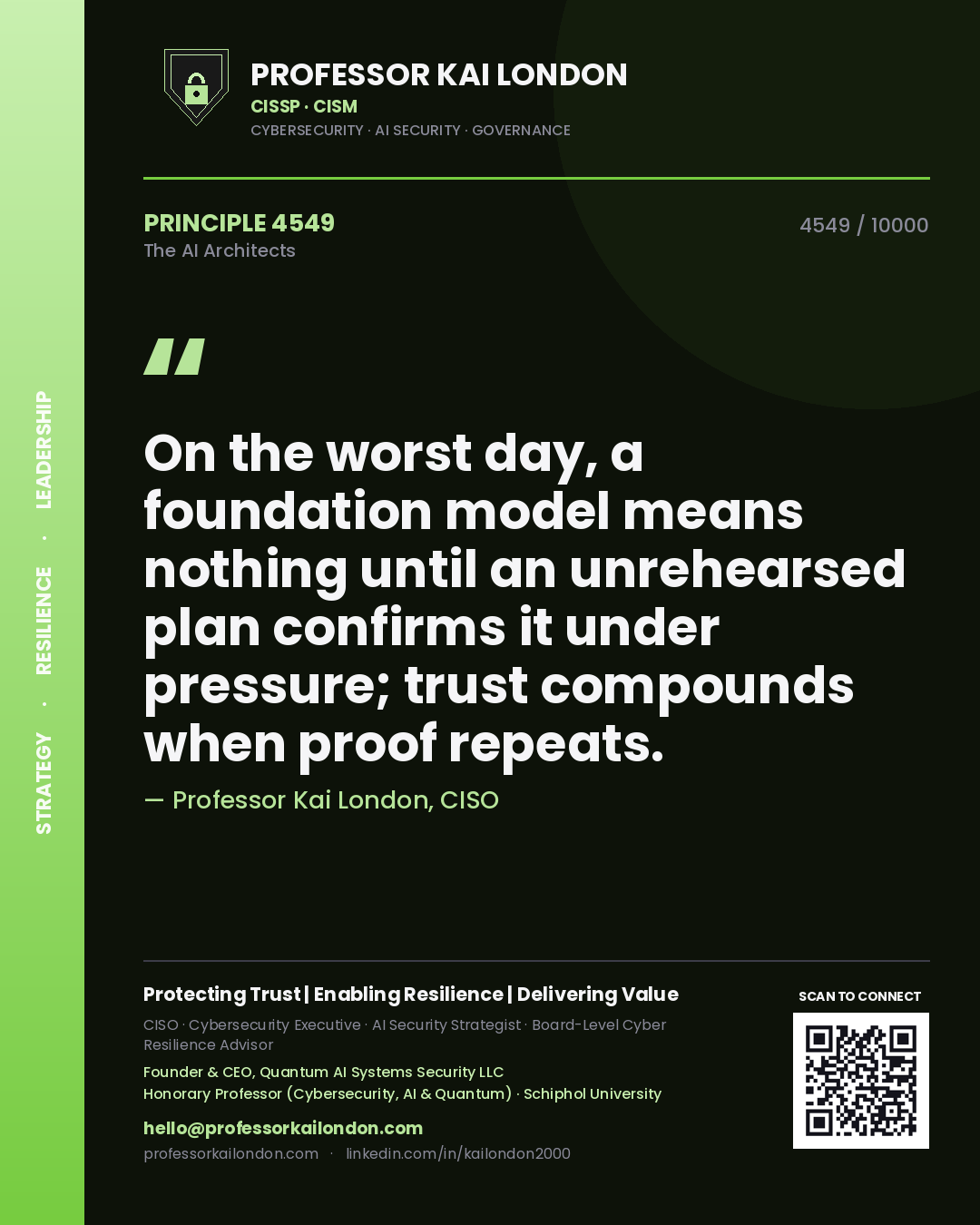 Professor Kai London principle 4549: On the worst day, a foundation model means nothing until an unrehearsed plan confirms it under pressure; trust compounds when proof repeats.