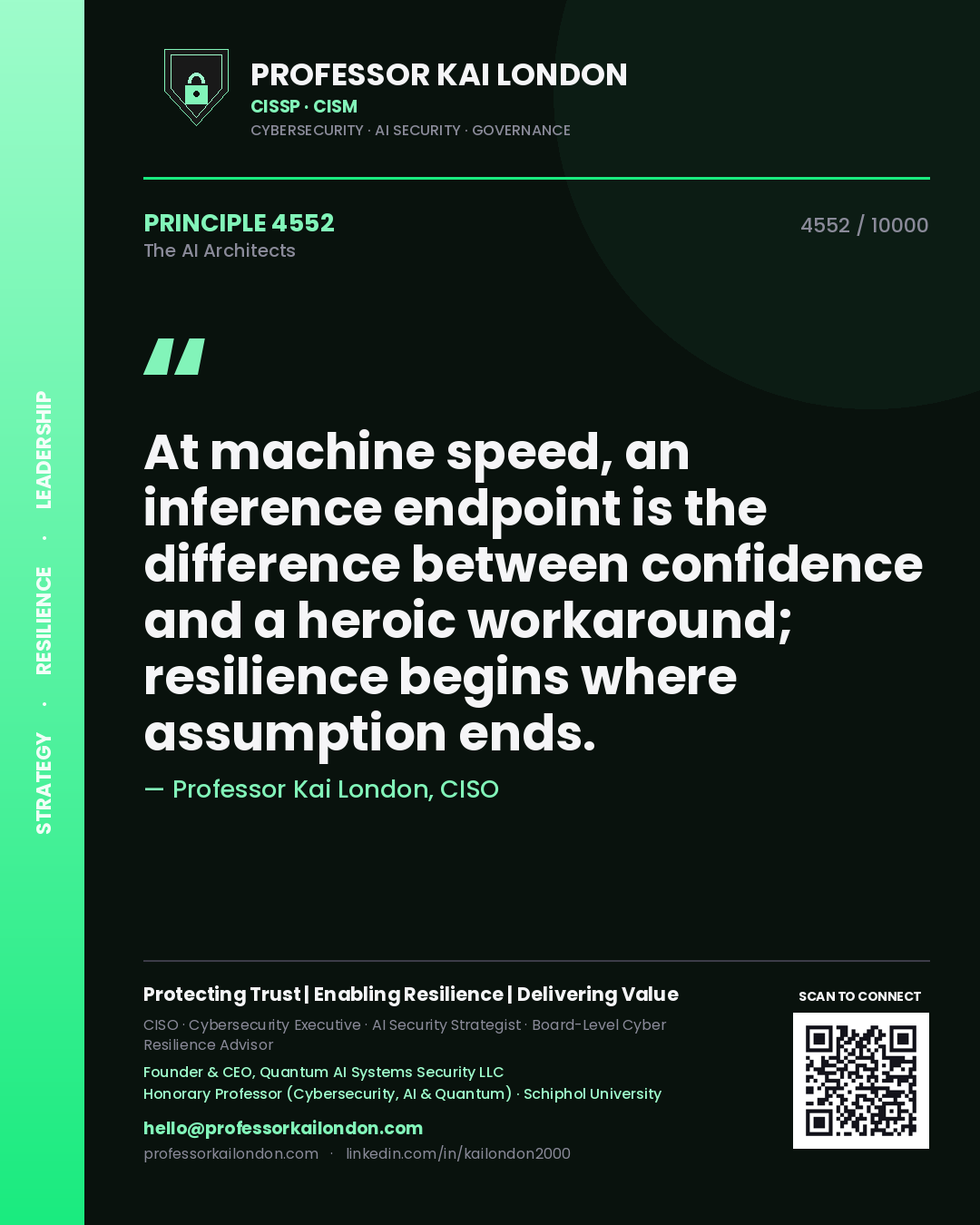 Quote card by Professor Kai London reading 'At machine speed, an inference endpoint is the difference between confidence and a heroic workaround; resilience begins where assumption ends.'. From the book The AI Architects.