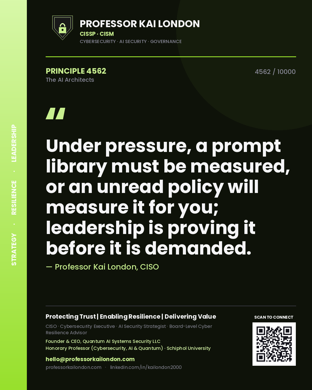 Professor Kai London principle 4562: Under pressure, a prompt library must be measured, or an unread policy will measure it for you; leadership is proving it before it is demanded.