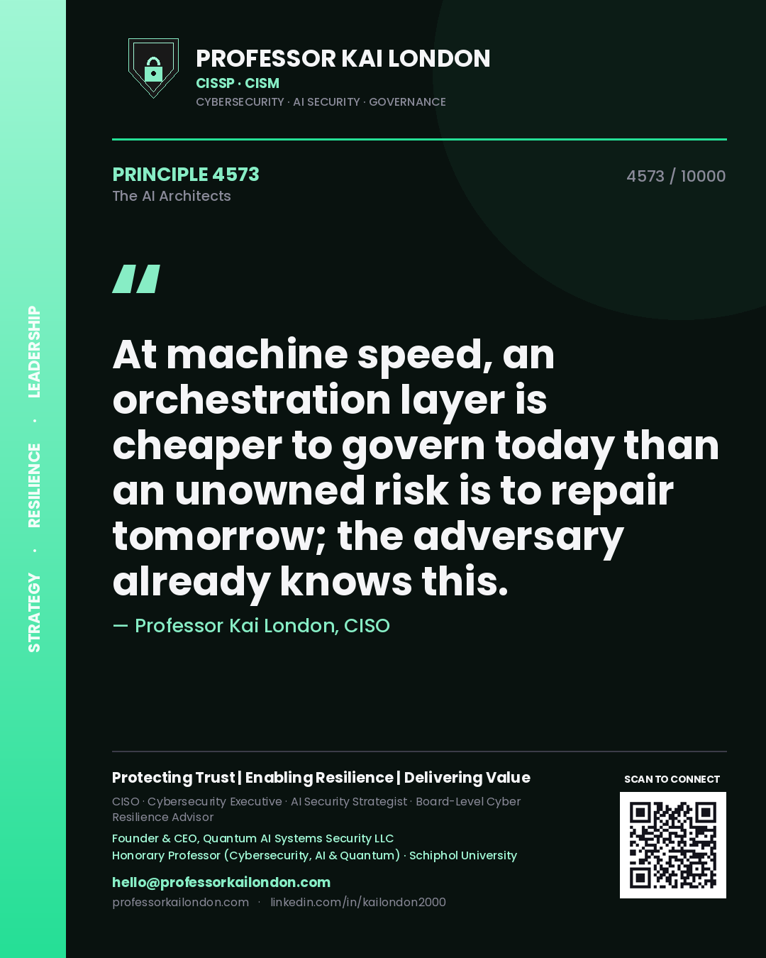 Professor Kai London principle 4573: At machine speed, an orchestration layer is cheaper to govern today than an unowned risk is to repair tomorrow; the adversary already knows this.