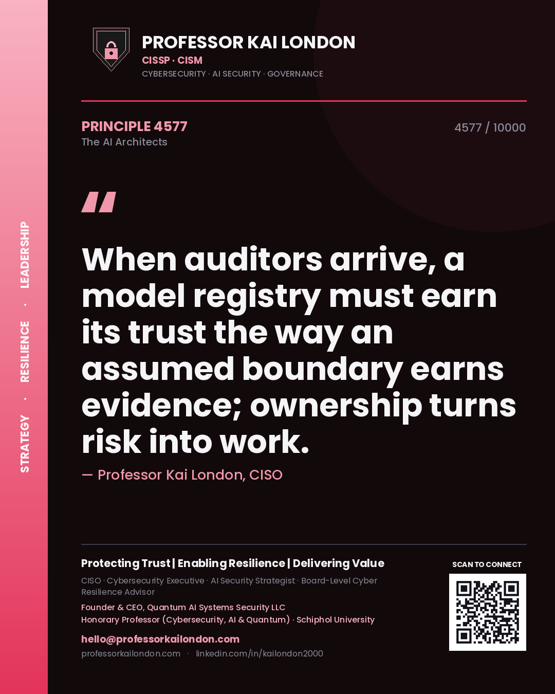 Quote card by Professor Kai London reading 'When auditors arrive, a model registry must earn its trust the way an assumed boundary earns evidence; ownership turns risk into work.'. From the book The AI Architects.