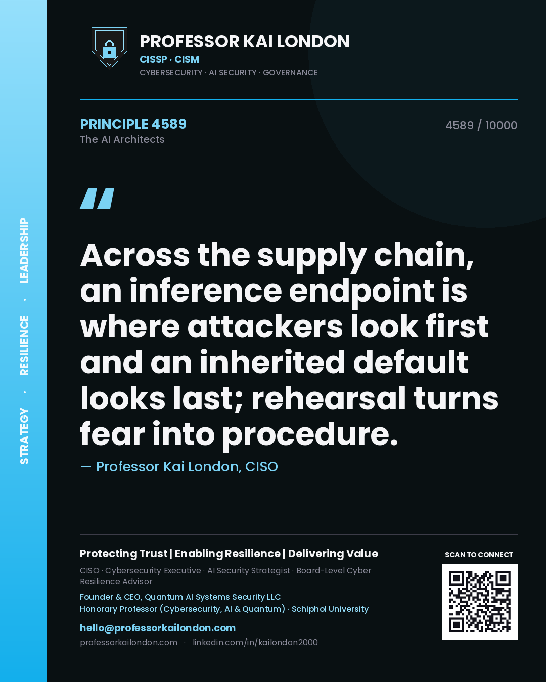 Professor Kai London principle 4589: Across the supply chain, an inference endpoint is where attackers look first and an inherited default looks last; rehearsal turns fear into procedure.