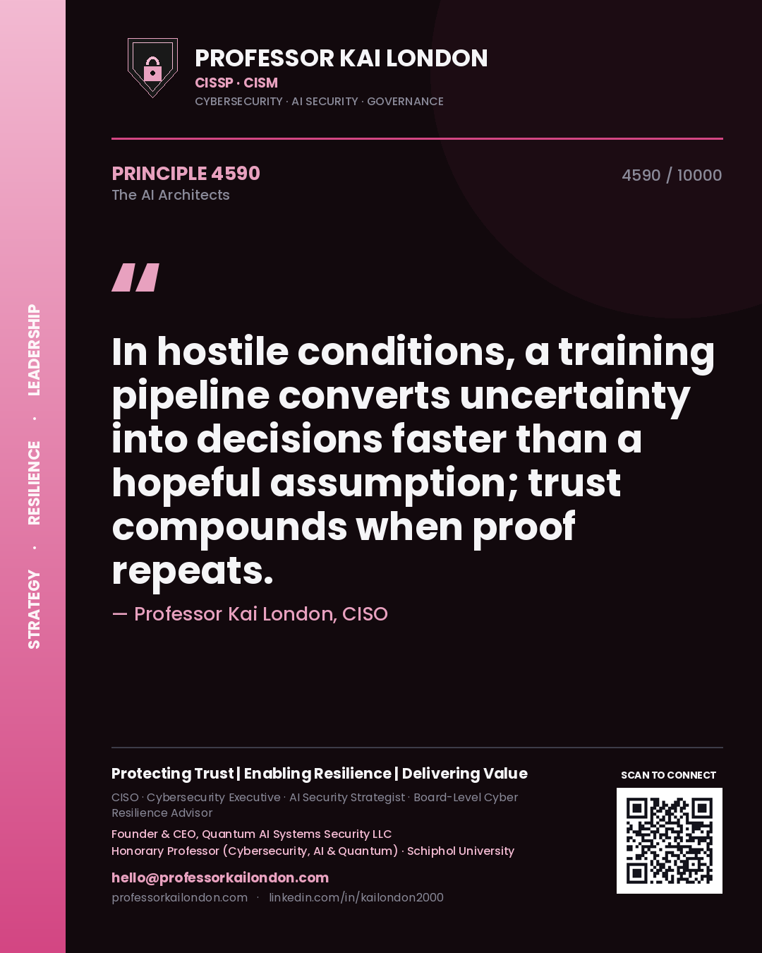 Professor Kai London principle 4590: In hostile conditions, a training pipeline converts uncertainty into decisions faster than a hopeful assumption; trust compounds when proof repeats.