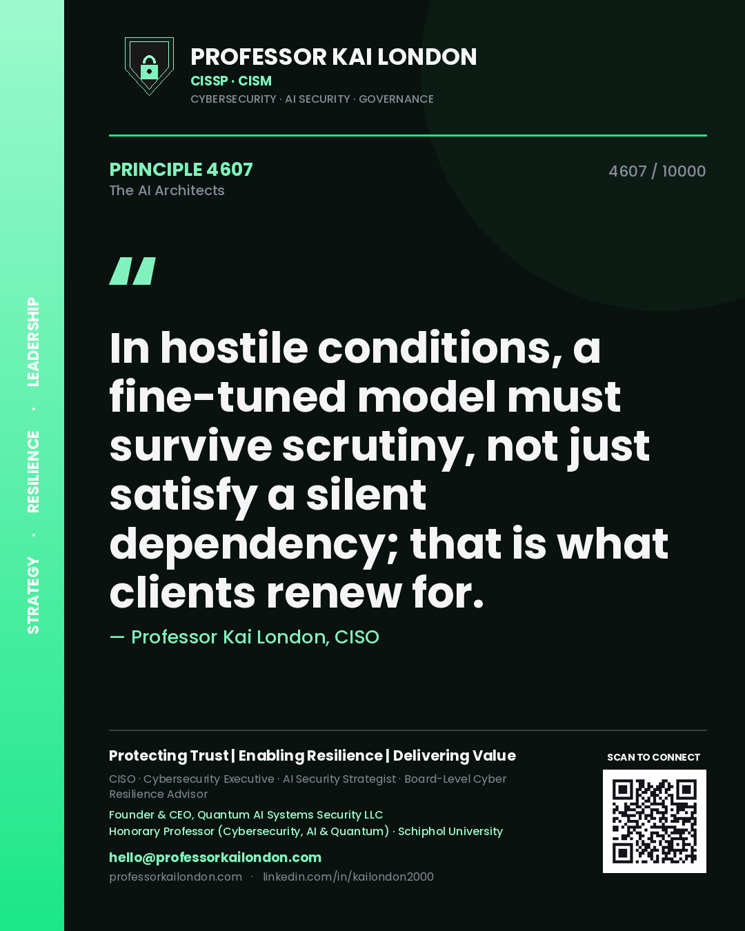Quote card by Professor Kai London reading 'In hostile conditions, a fine-tuned model must survive scrutiny, not just satisfy a silent dependency; that is what clients renew for.'. From the book The AI Architects.