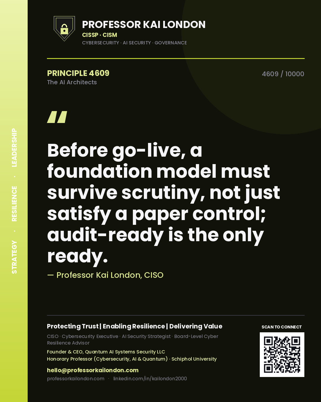 Quote card by Professor Kai London reading 'Before go-live, a foundation model must survive scrutiny, not just satisfy a paper control; audit-ready is the only ready.'. From the book The AI Architects.